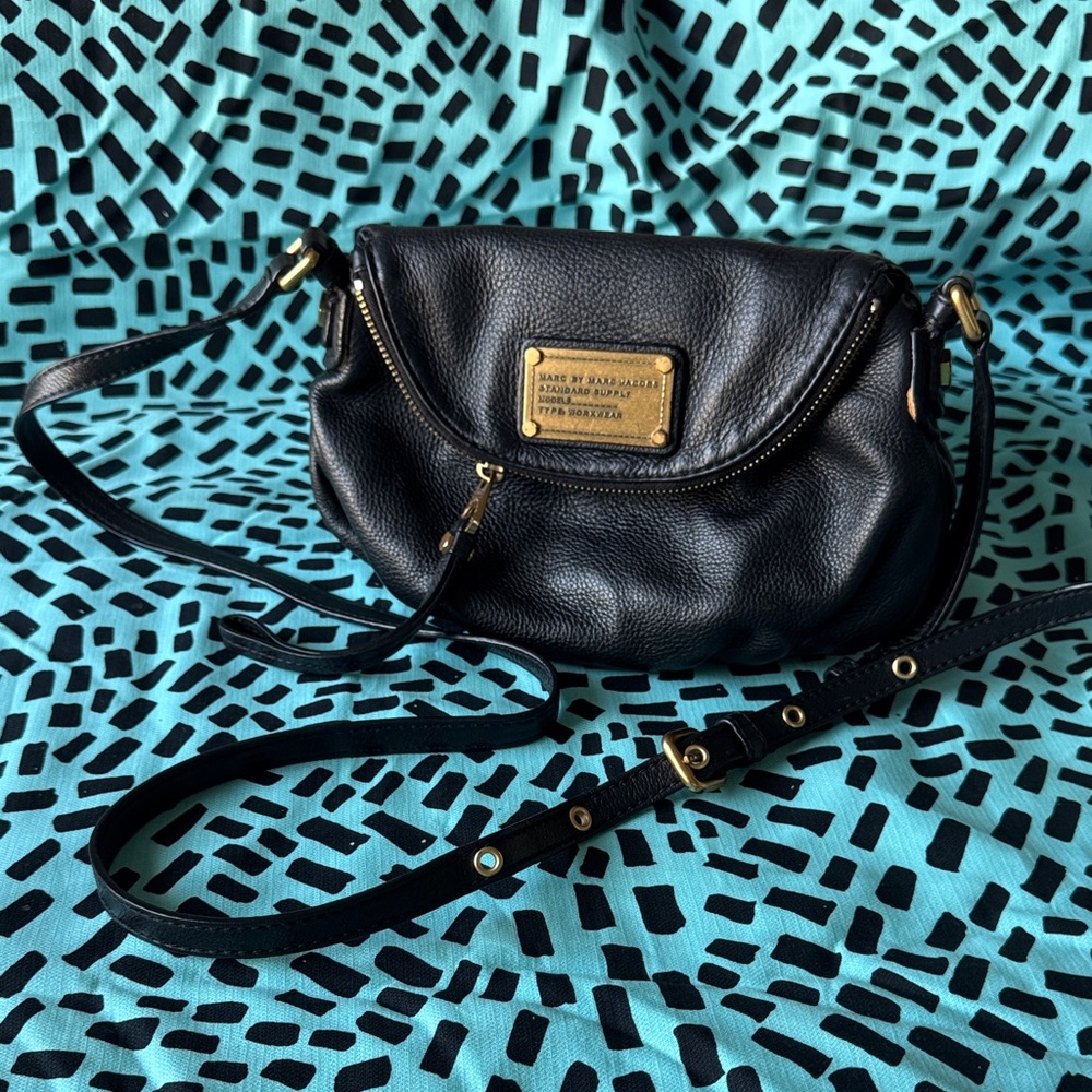 Marc Jacobs Black Leather Crossbody Bag with Gold Accents